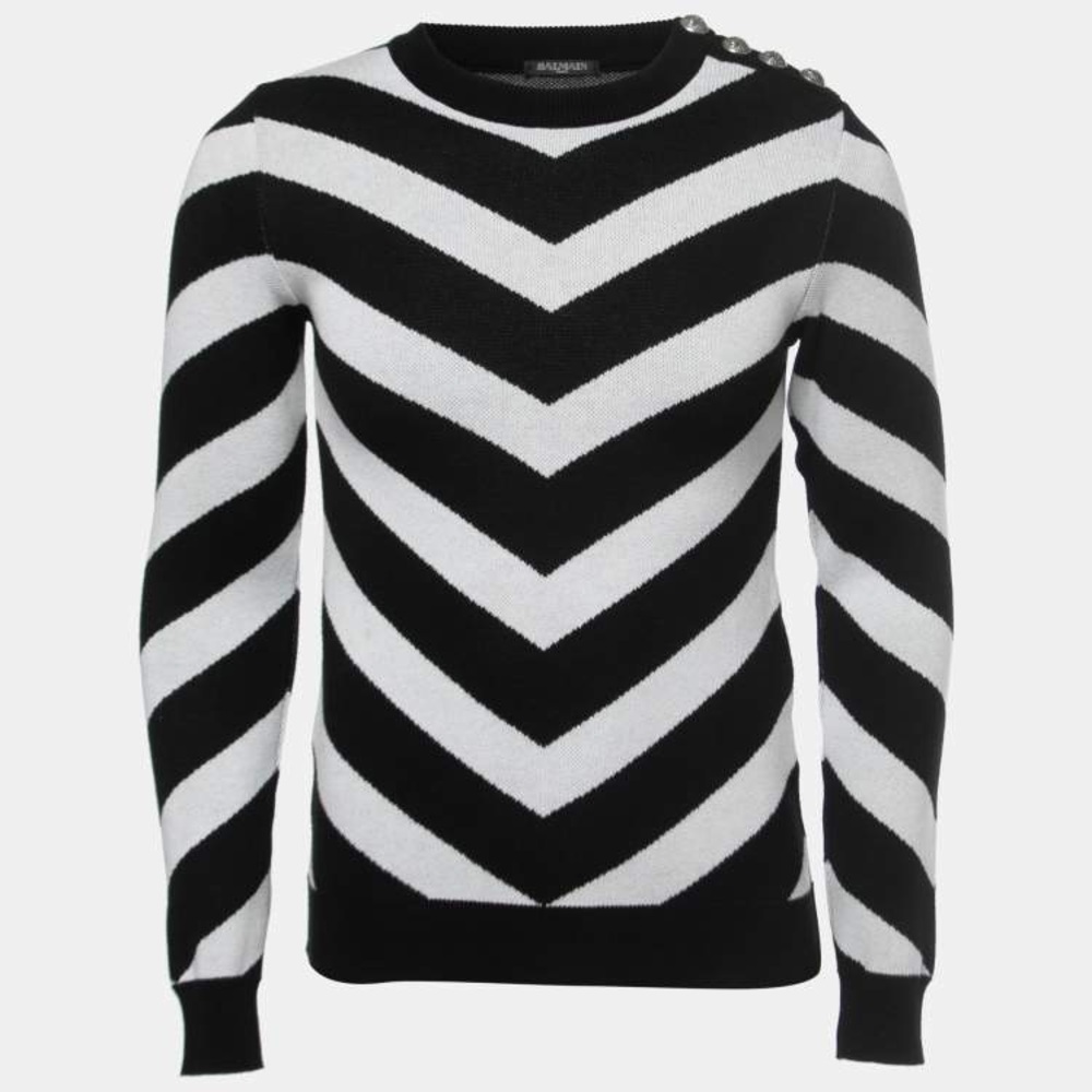 Balmain Black and White Chevron Crewneck Sweater
